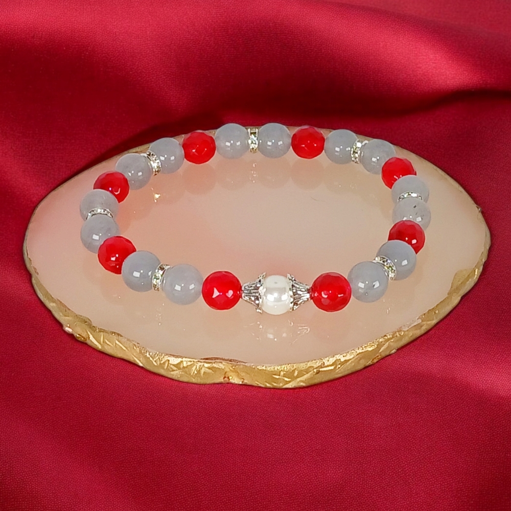 Cherry Red & Grey Chalcedony Mother of Pearl Bracelet Office Siren Y2K Earth Art